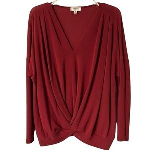 Umgee Burgundy V-neck Pleated & Twisted Blouse Size-M